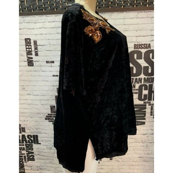 Hillary Scott Plus 3X Black Crushed Velour Embellished Floral Short Sleeve Top - Picture 3 of 6